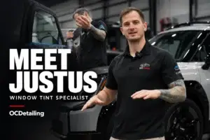 Meet Justus — OCDetailing window tint specialist, with workshop installation imagery.