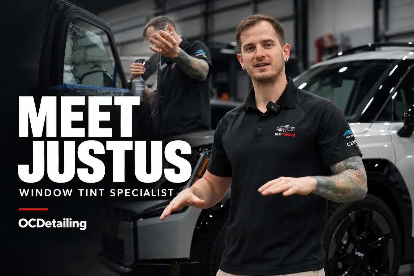 Meet Justus — OCDetailing window tint specialist, with workshop installation imagery.